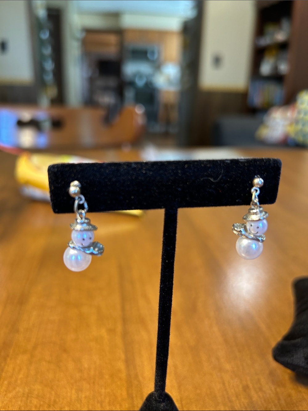 Silver Snowman Pearl Drop Earrings - White